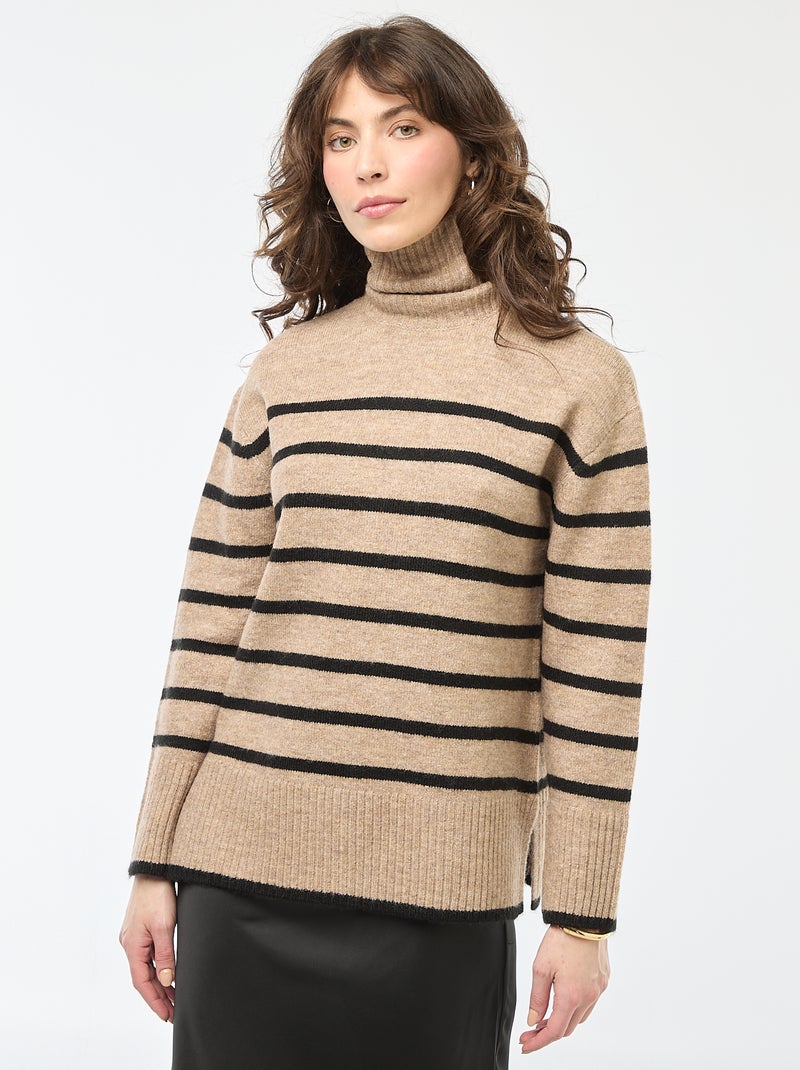 Pull col montant en maille grosse jauge Beige - Kiabi