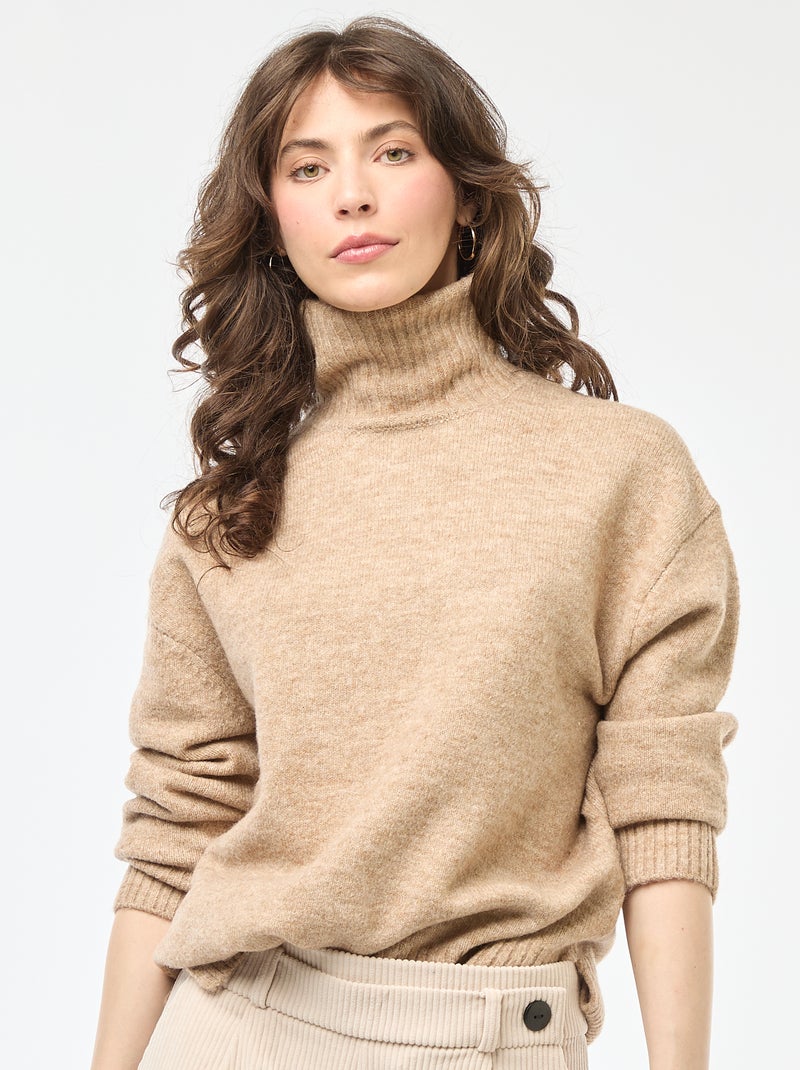 Pull col montant en maille grosse jauge Beige Femme