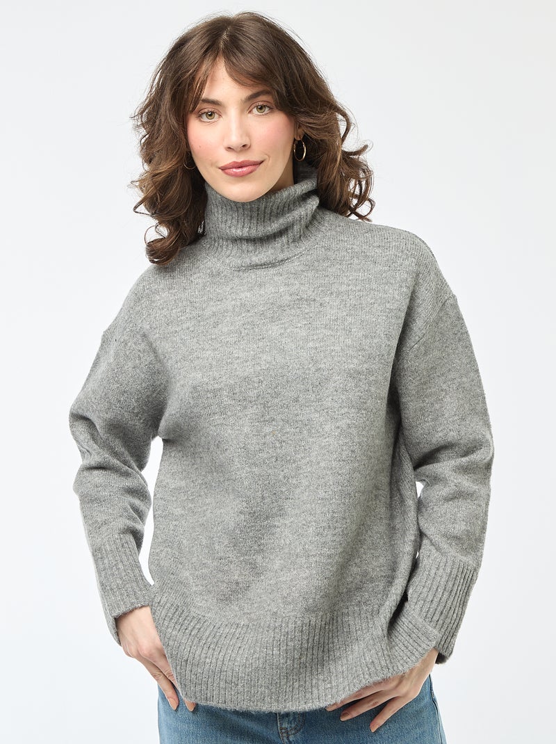 Pull col montant en maille grosse jauge Gris - Kiabi