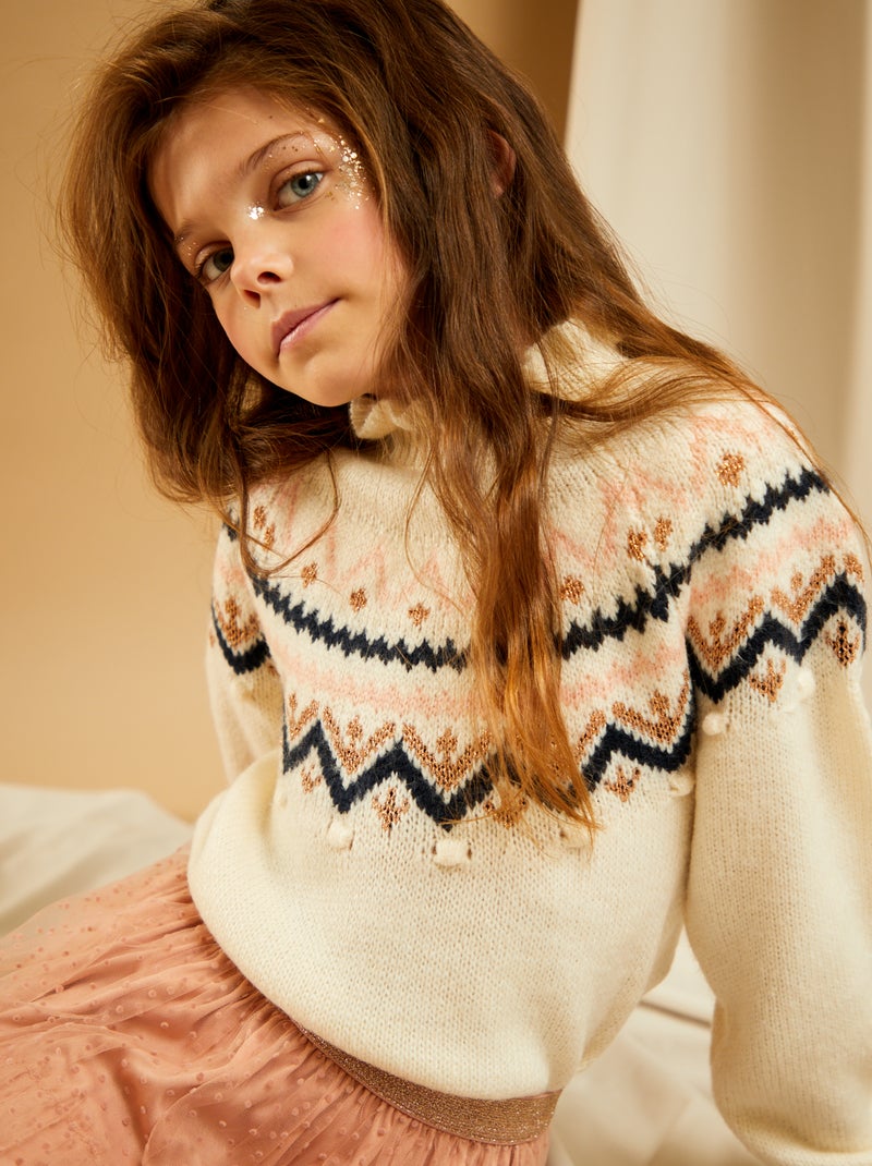 Pull col montant en maille jacquard Blanc - Kiabi