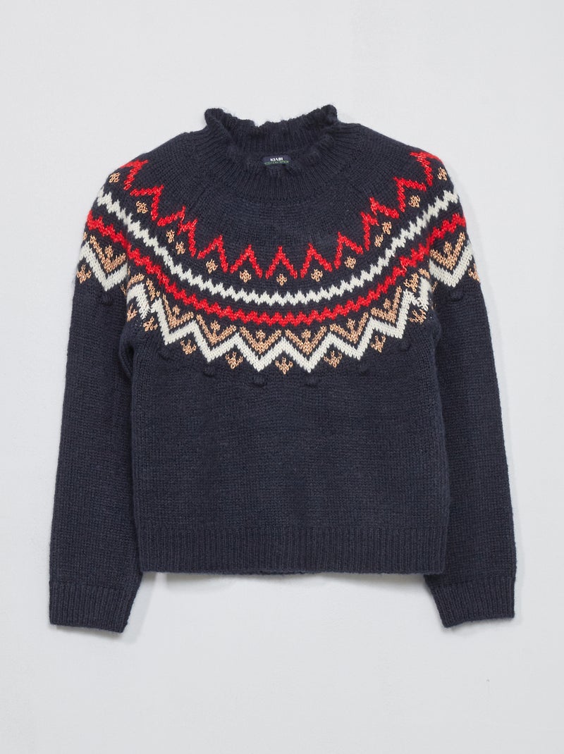 Pull col montant en maille jacquard bleu marine - Kiabi