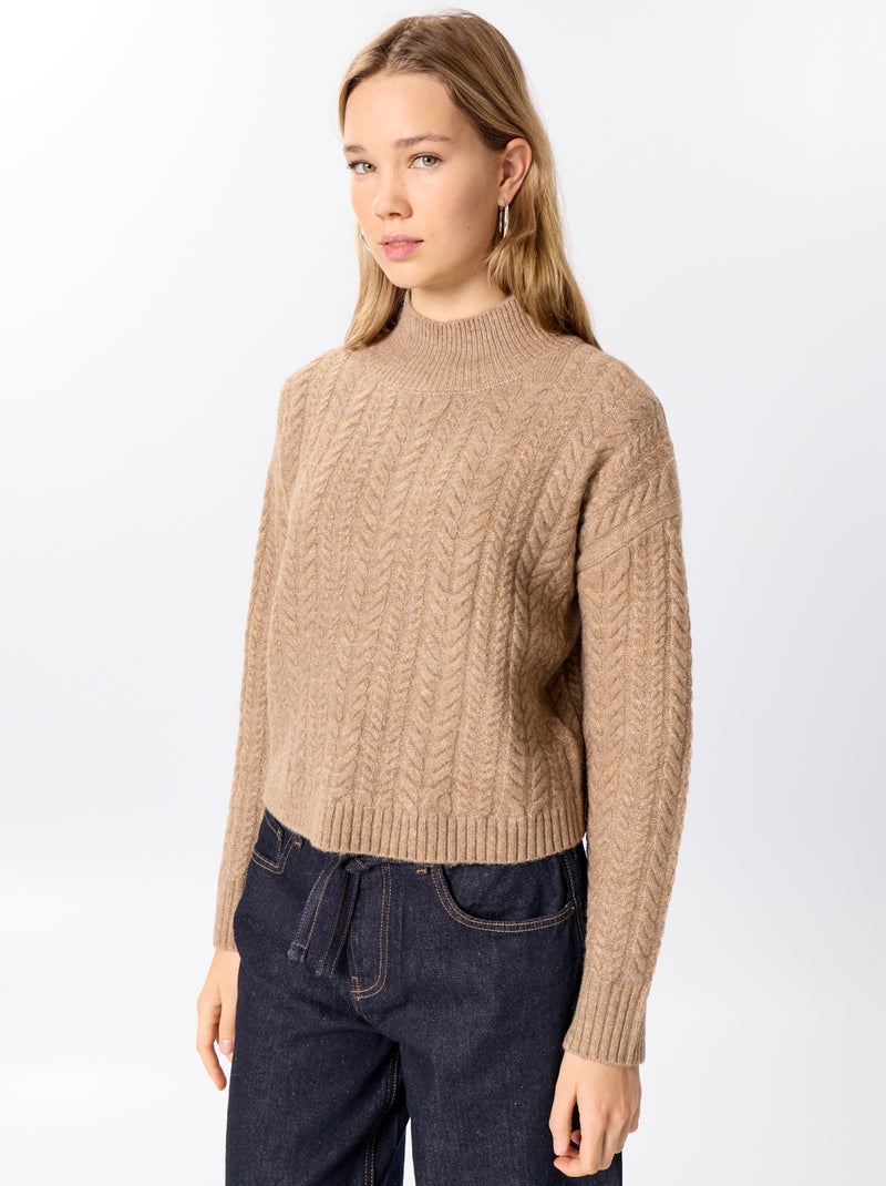 Pull col montant uni Beige - Kiabi