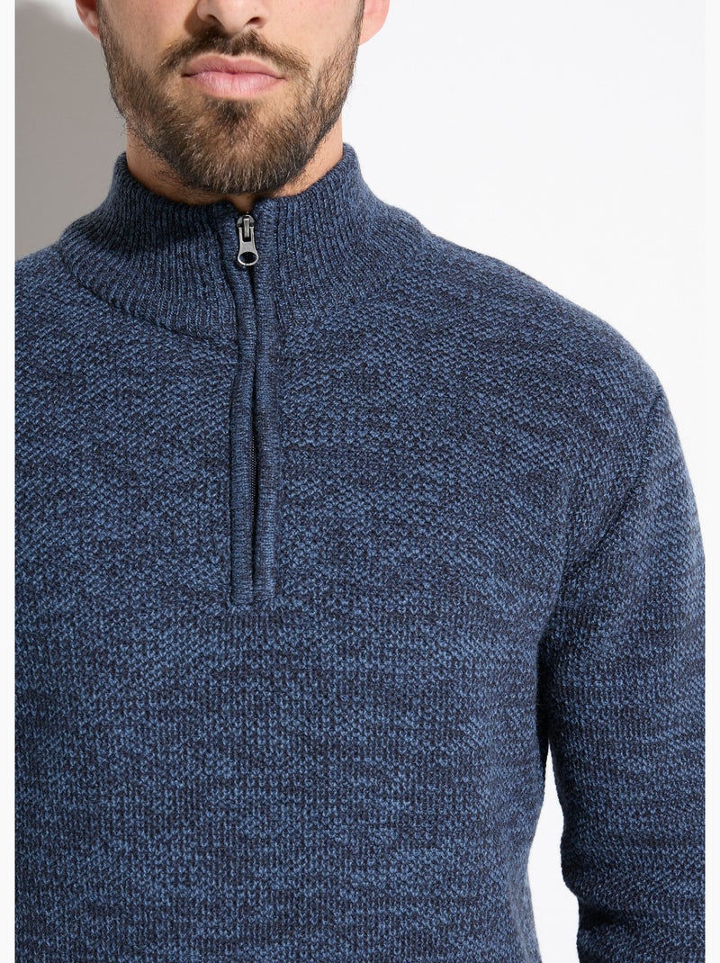Pull col montant zippé maille chinée laine - Afibel Bleu - Kiabi