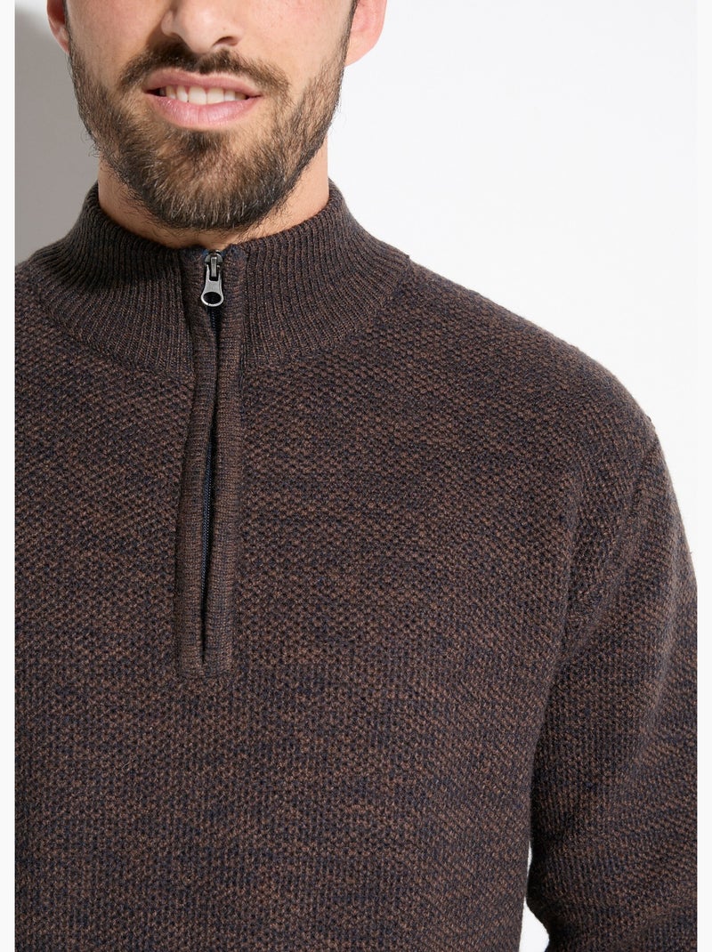Pull col montant zippé maille chinée laine - Afibel Marron - Kiabi