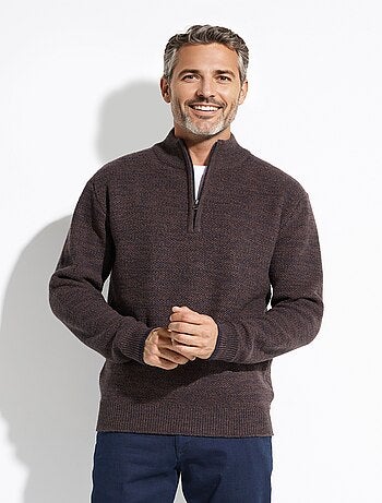 Pull col montant zippé maille chinée laine