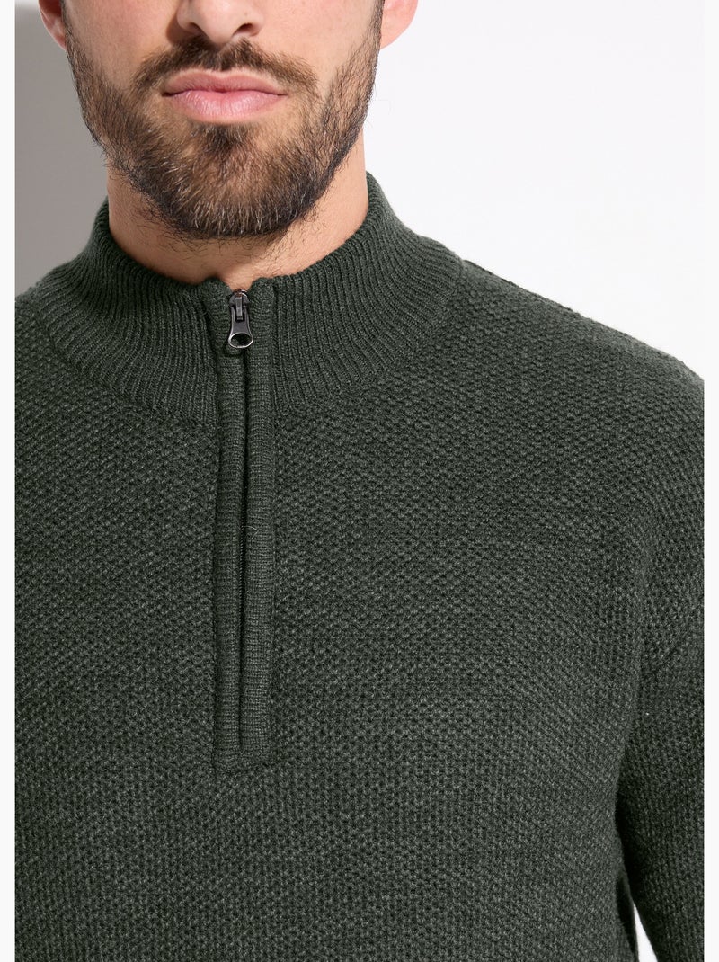 Pull col montant zippé maille chinée laine Vert - Kiabi