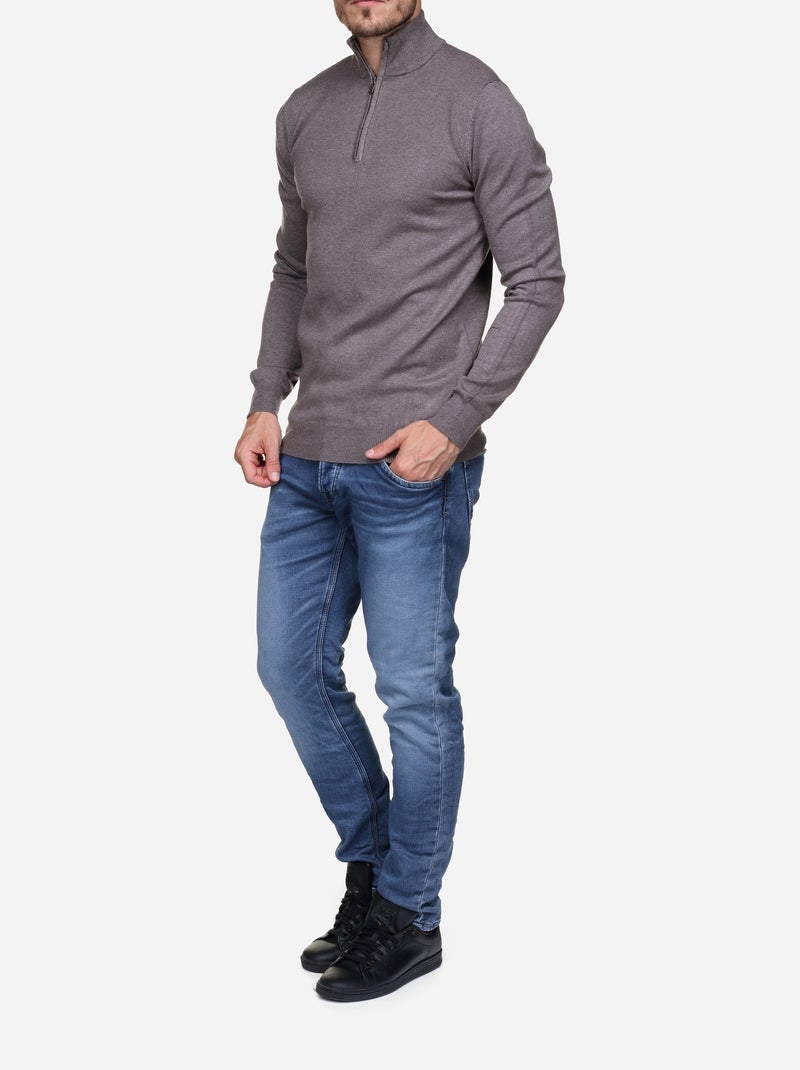 Pull col montant zippé Marron - Kiabi