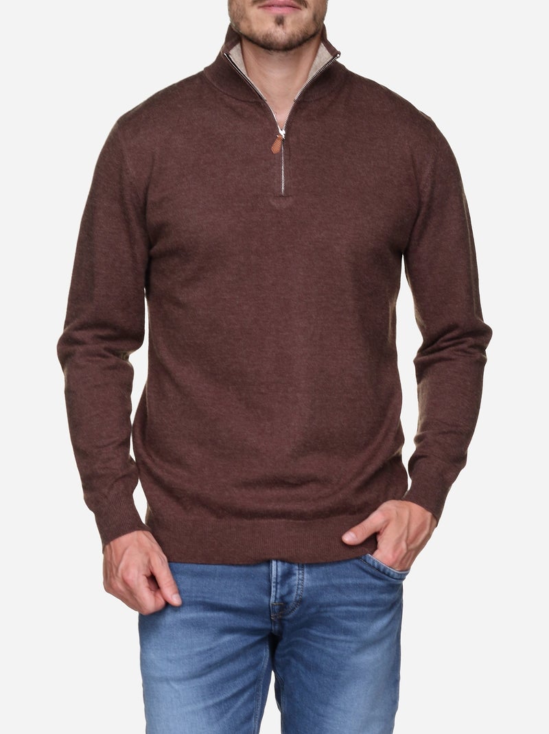 Pull col montant zippé Marron - Kiabi