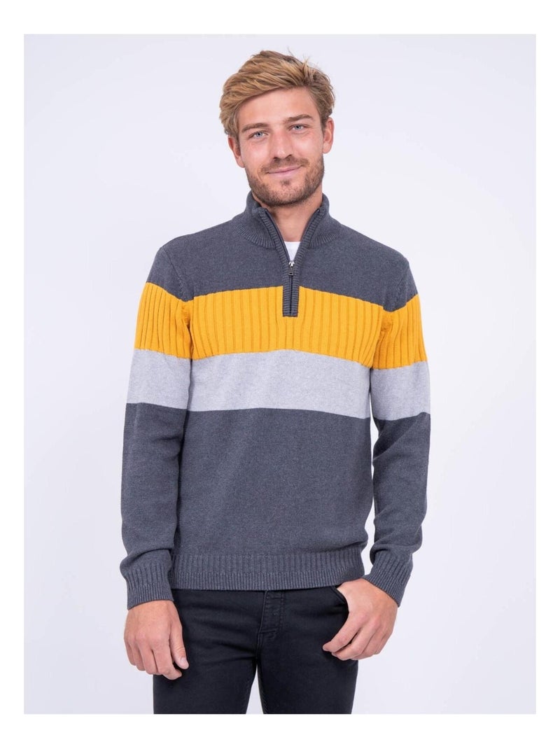 Pull col montant zippé pur coton LENAR gris anthracite - Kiabi
