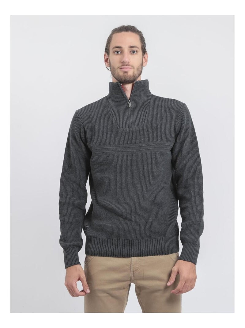 Pull col montant zippé pur coton LOMATH Gris foncé - Kiabi