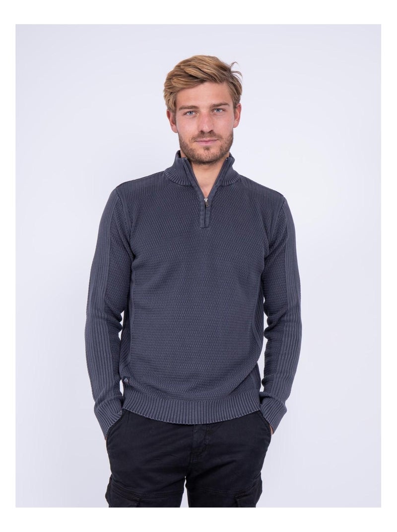 Pull col montant zippé pur coton LOTANOL Gris foncé - Kiabi