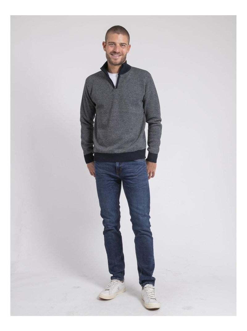 Pull col montant zippé rayures LIMEROU Bleu marine - Kiabi