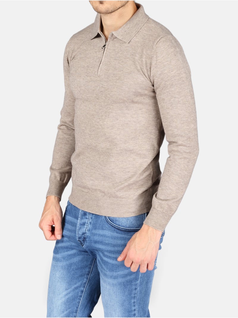 Pull col polo à zip - Kenzarro Taupe - Kiabi