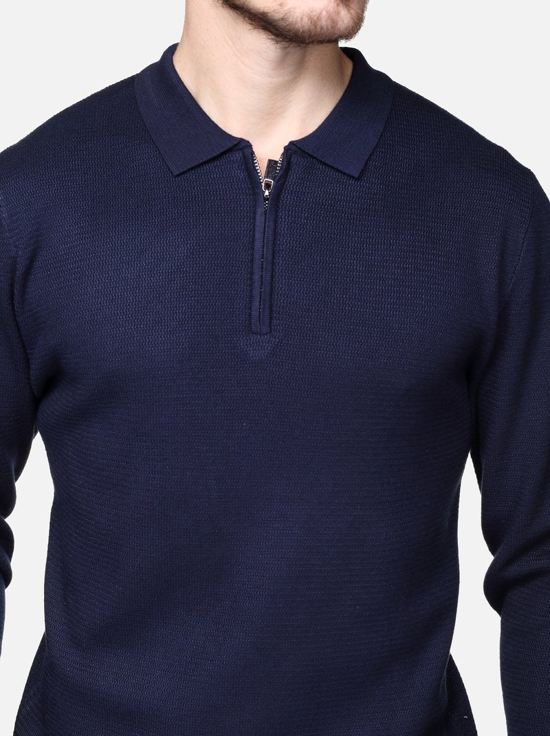 Pull col polo à zip Bleu foncé - Kiabi