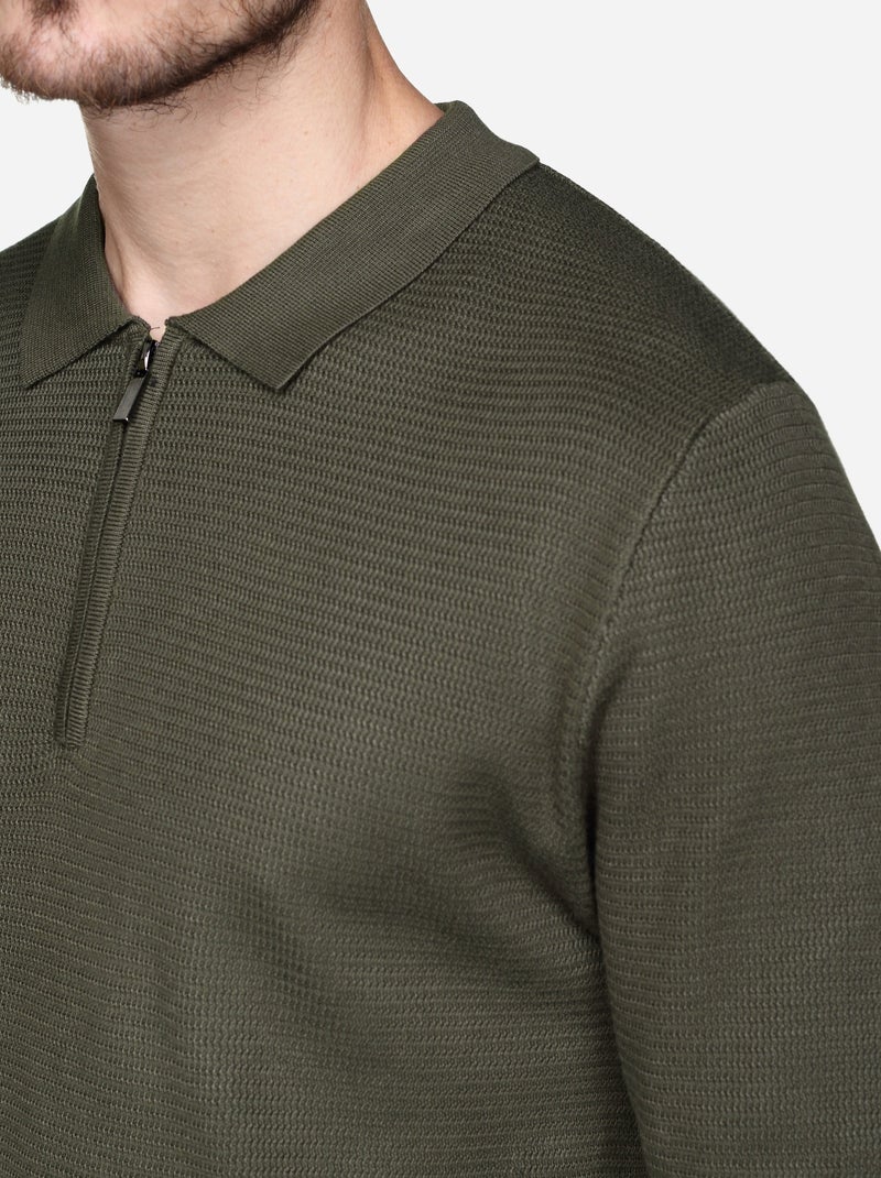 Pull col polo à zip Kaki - Kiabi