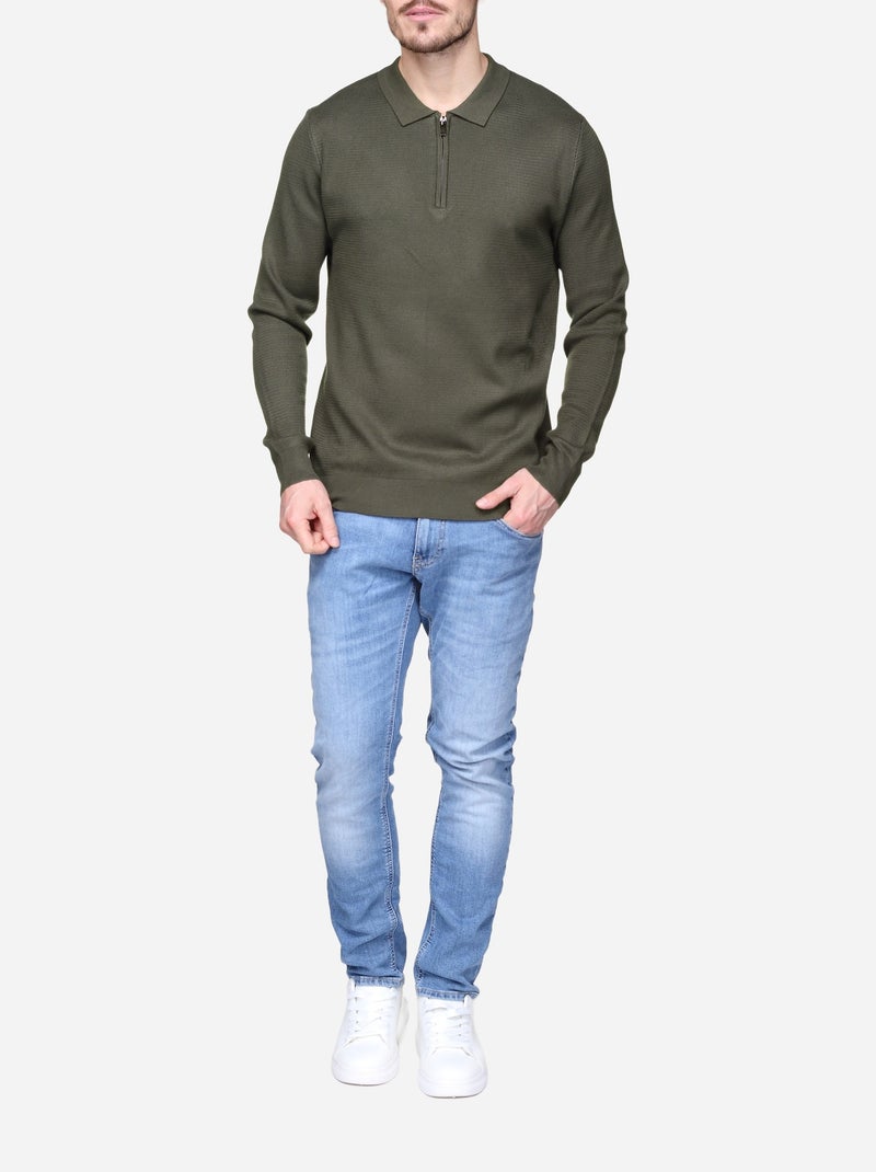 Pull col polo à zip Kaki - Kiabi