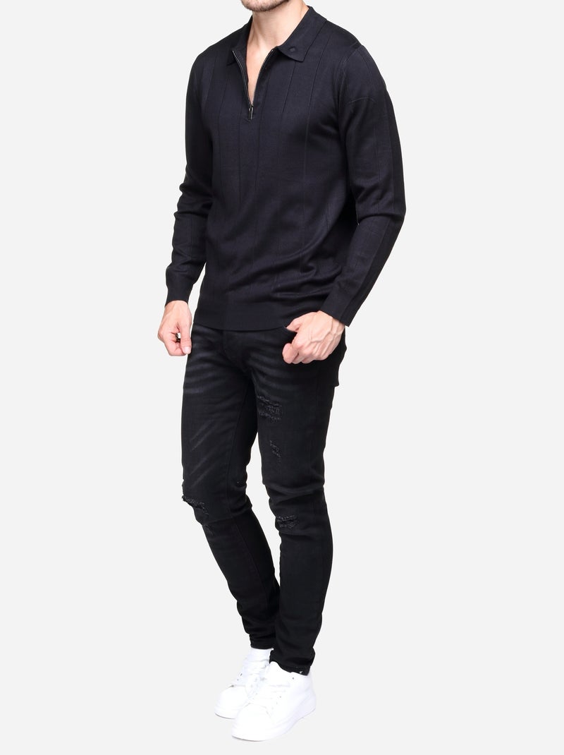 Pull col polo à zip Noir - Kiabi