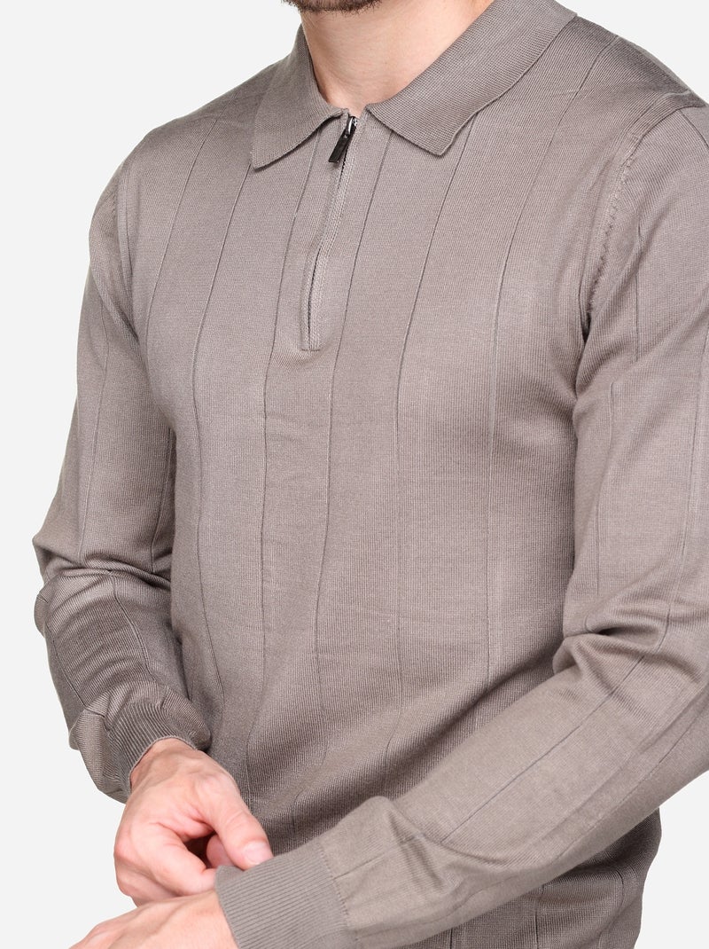 Pull col polo à zip Taupe - Kiabi