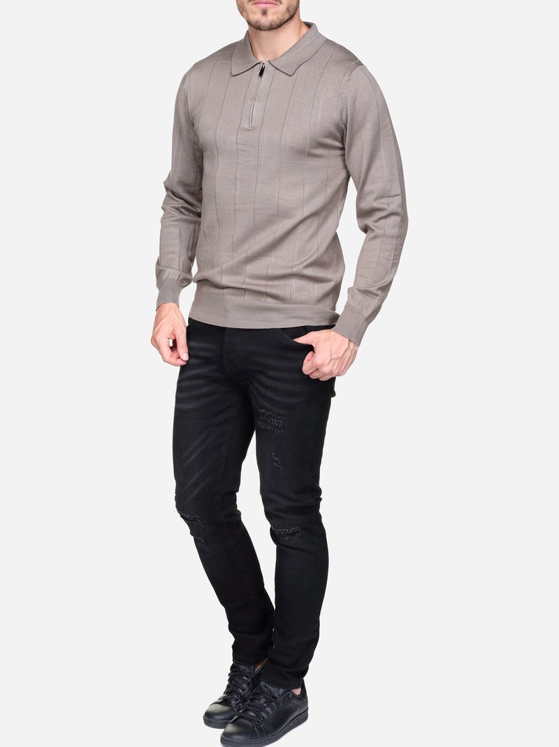 Pull col polo à zip Taupe - Kiabi