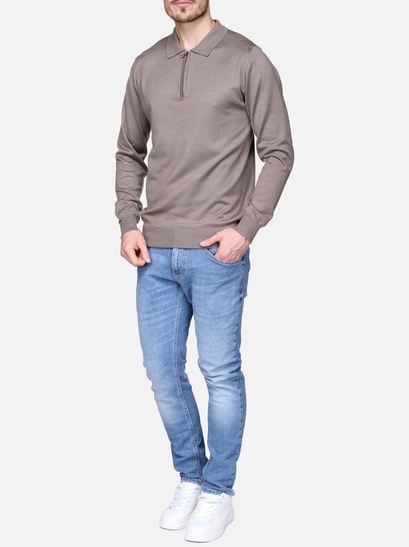Pull col polo à zip Taupe - Kiabi