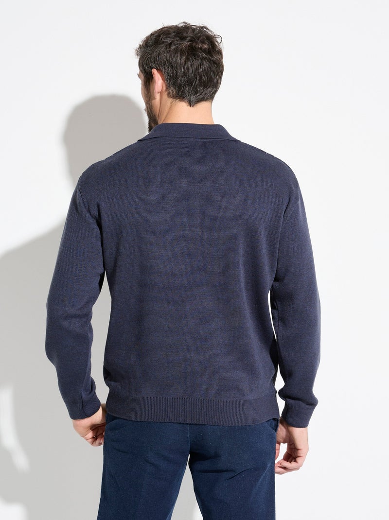 Pull col polo boutonné jacquard manches longues laine - afibel Bleu marine - Kiabi