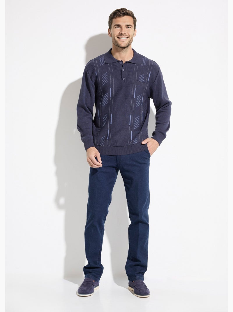 Pull col polo boutonné jacquard manches longues laine - afibel Bleu marine - Kiabi