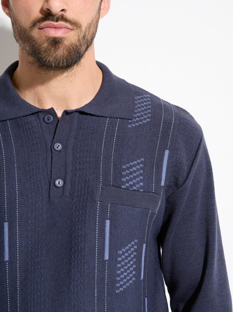 Pull col polo boutonné jacquard manches longues laine - afibel Bleu marine - Kiabi