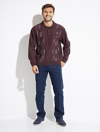Pull col polo boutonné jacquard manches longues laine - afibel