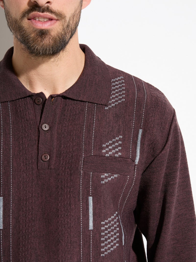 Pull col polo boutonné jacquard manches longues laine - afibel Bordeaux - Kiabi