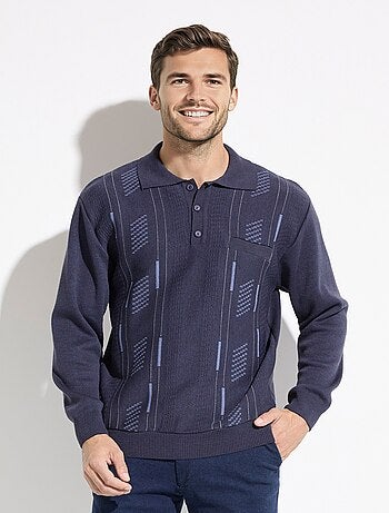 Pull col polo boutonné jacquard manches longues laine