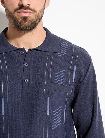 Pull col polo boutonné jacquard manches longues laine