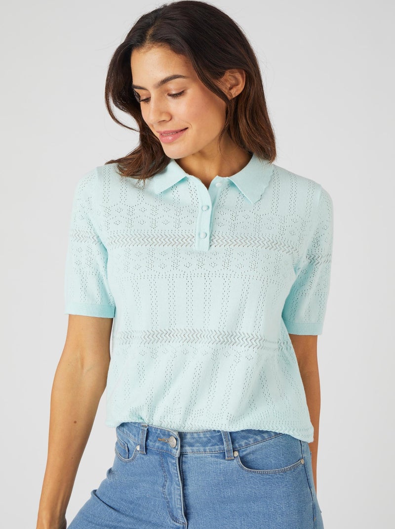 Pull col polo maille ajourée - Damart Bleu - Kiabi