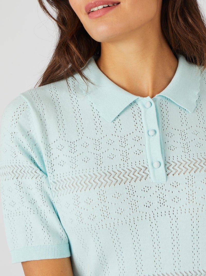 Pull col polo maille ajourée - Damart Bleu - Kiabi