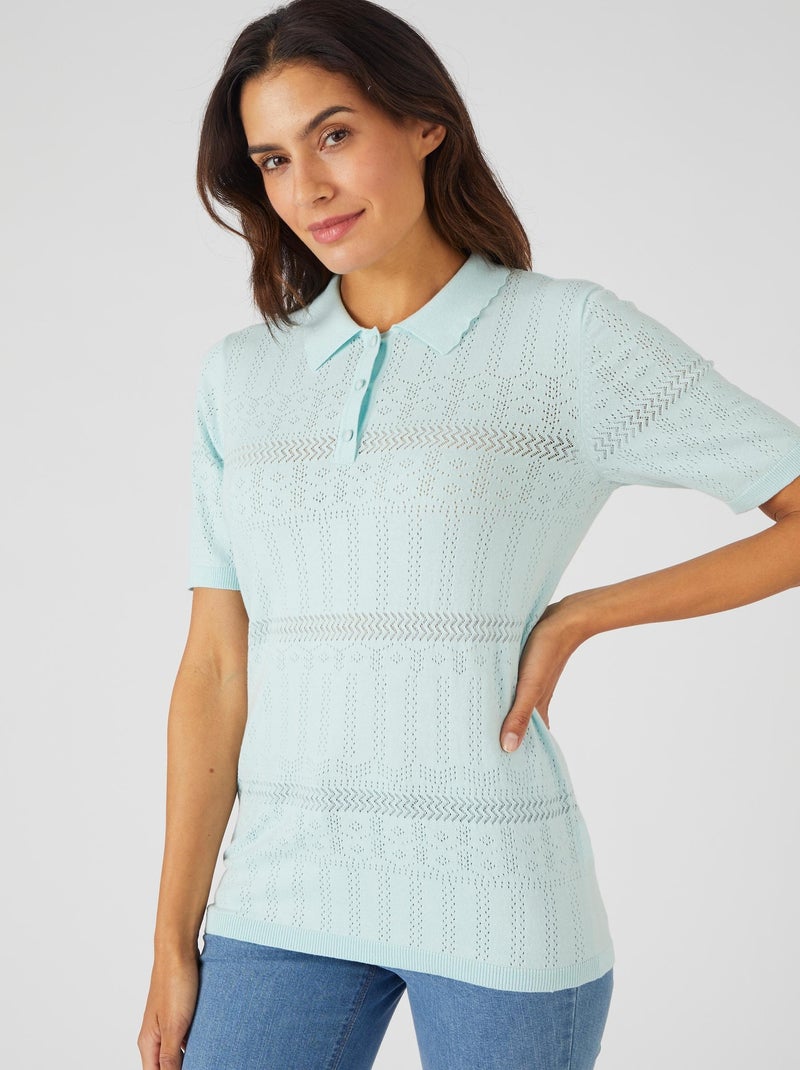 Pull col polo maille ajourée - Damart Bleu - Kiabi