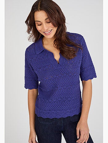 Pull col polo maille ajourée - Damart