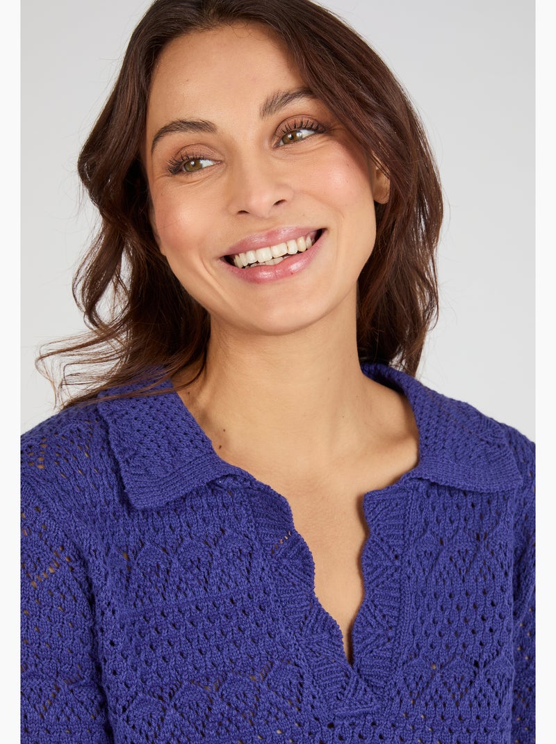 Pull col polo maille ajourée - Damart Bleu - Kiabi