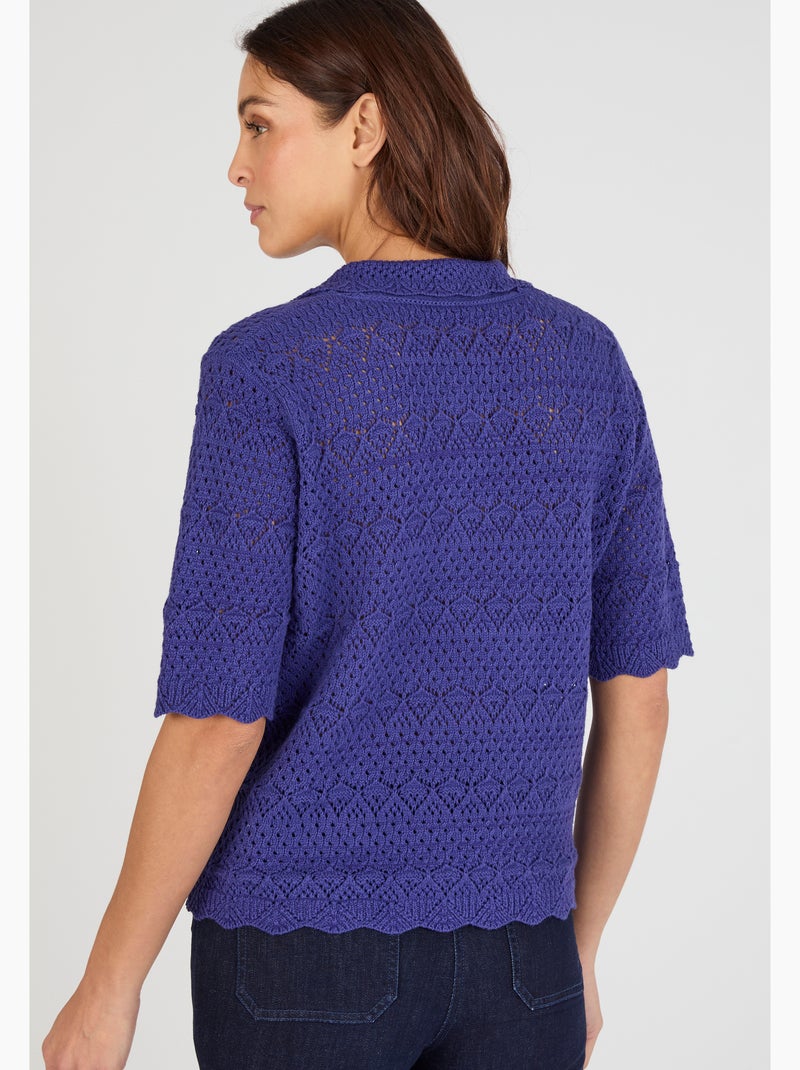 Pull col polo maille ajourée - Damart Bleu - Kiabi