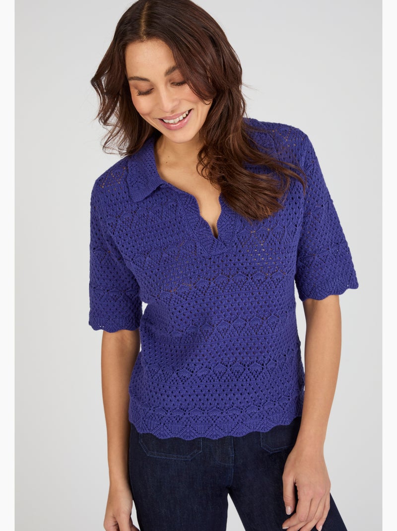 Pull col polo maille ajourée - Damart Bleu - Kiabi