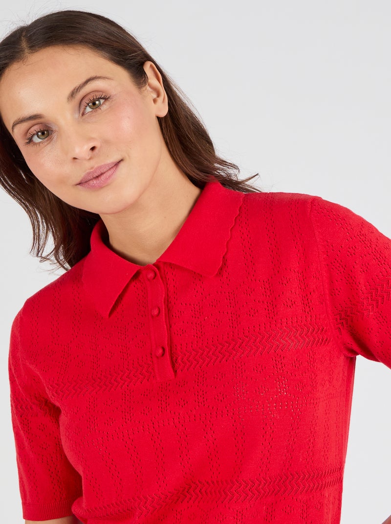 Pull col polo maille ajourée - Damart Rouge - Kiabi