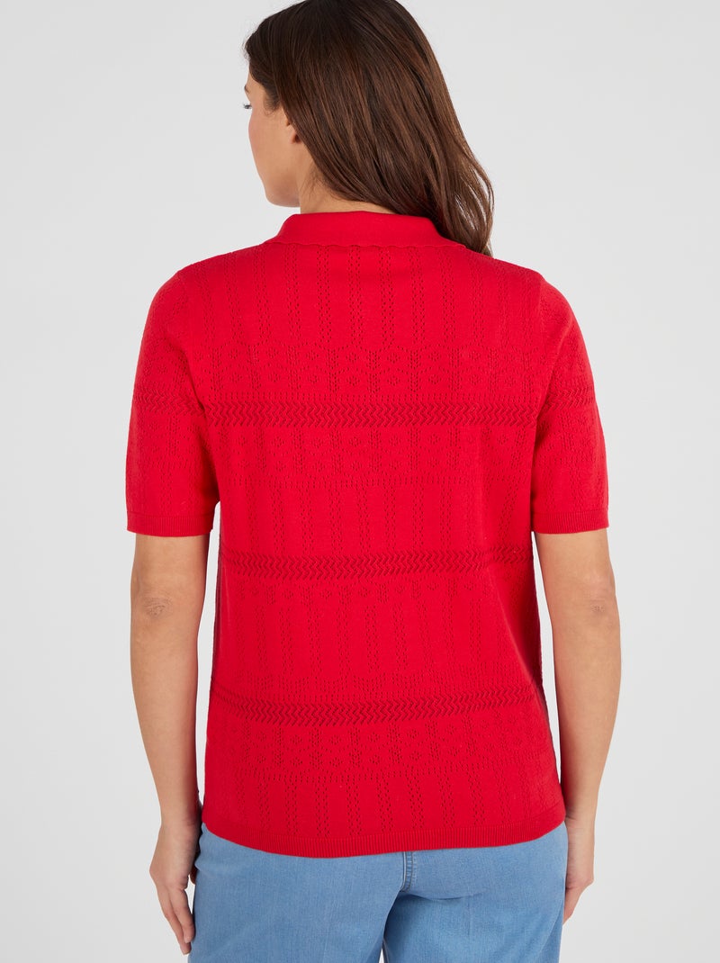 Pull col polo maille ajourée - Damart Rouge - Kiabi