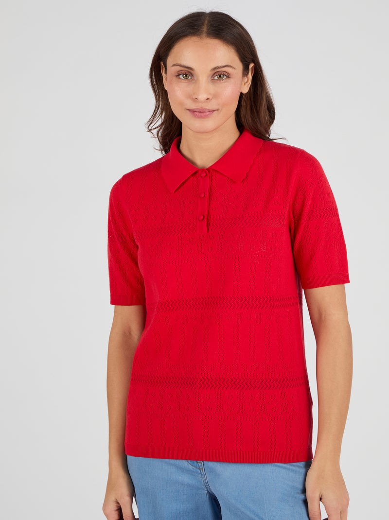 Pull col polo maille ajourée - Damart Rouge - Kiabi
