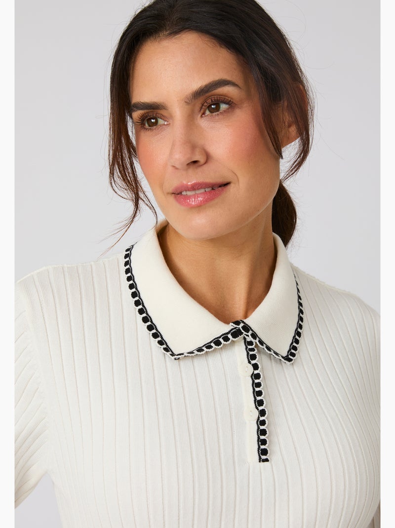 Pull col polo maille côtelée - Damart Blanc - Kiabi