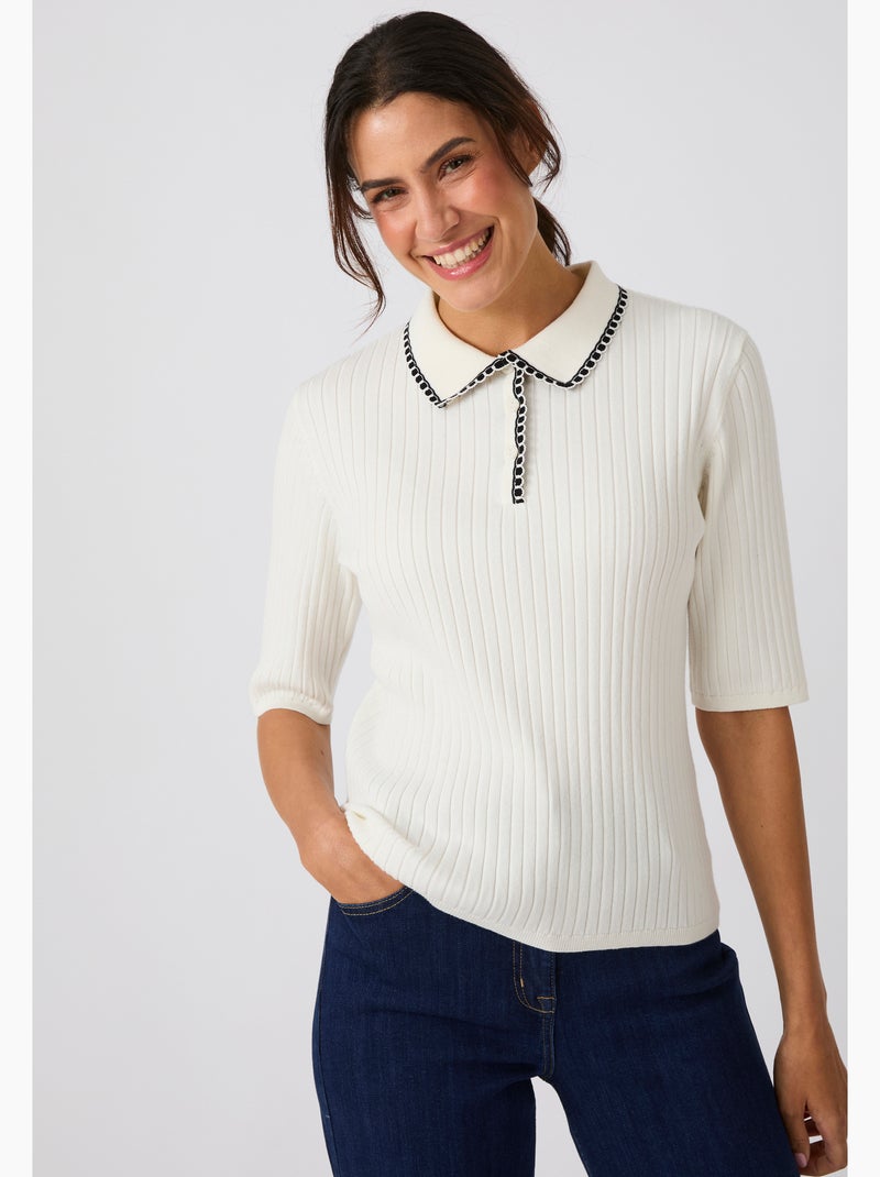 Pull col polo maille côtelée - Damart Blanc - Kiabi