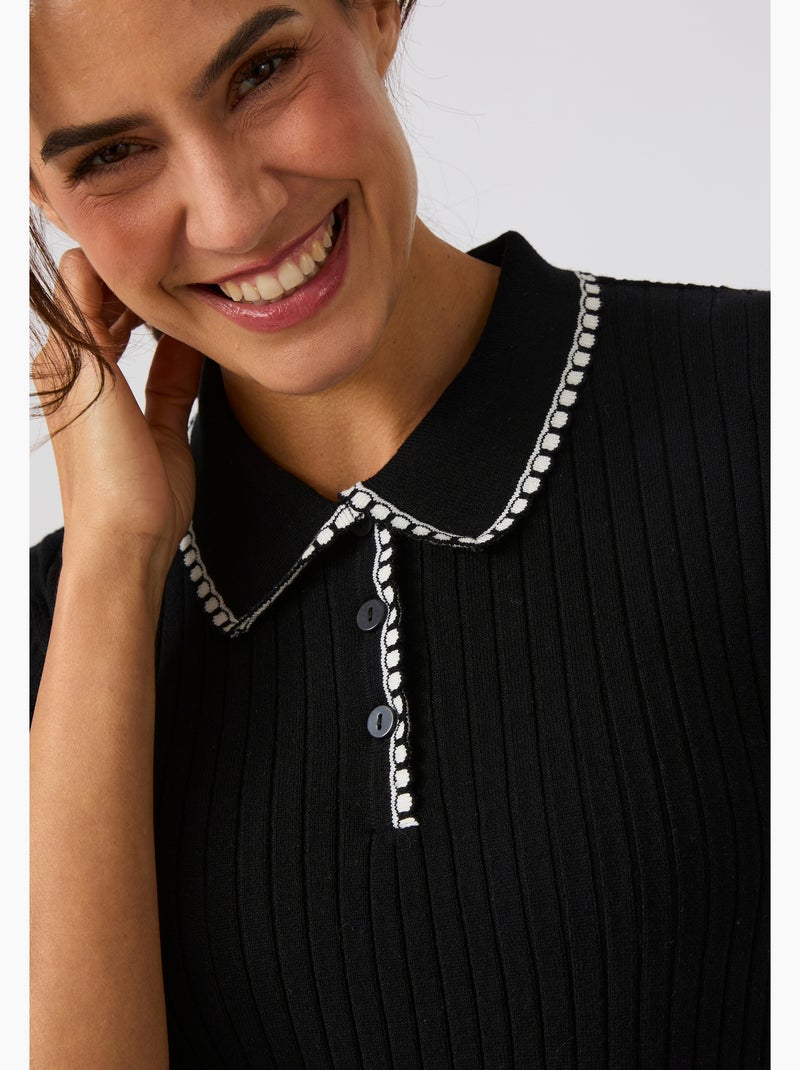 Pull col polo maille côtelée - Damart Noir - Kiabi