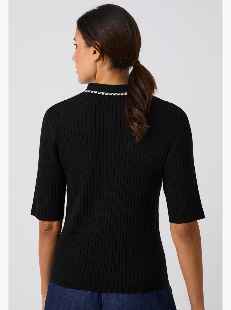 Pull col polo maille côtelée - Damart Noir - Kiabi