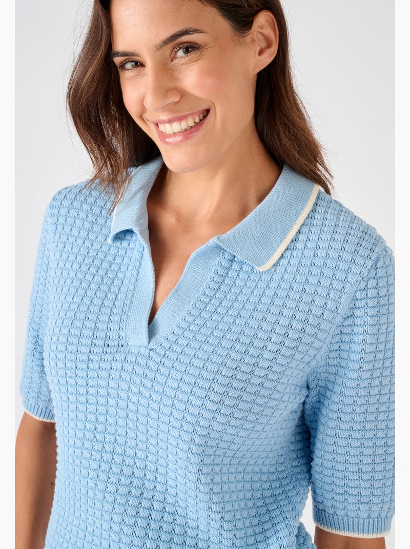 Pull col polo maille gaufrée - damart Bleu - Kiabi