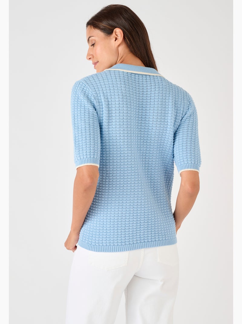 Pull col polo maille gaufrée - damart Bleu - Kiabi