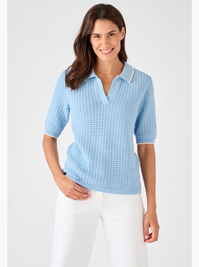 Pull col polo maille gaufrée - damart Bleu - Kiabi