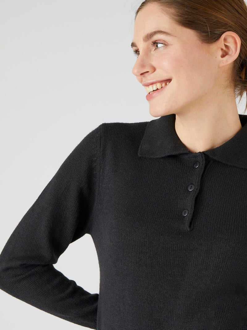Pull col polo manches longues - Damart Noir - Kiabi