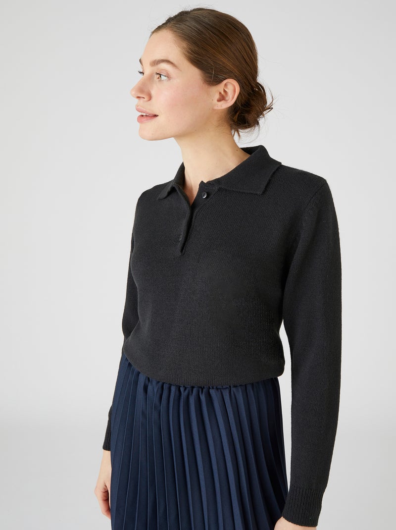 Pull col polo manches longues - Damart Noir - Kiabi